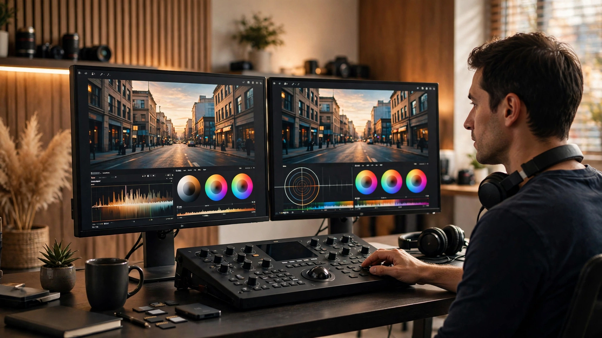 Color grading workspace with color wheels and a video frame being balanced for a polished look