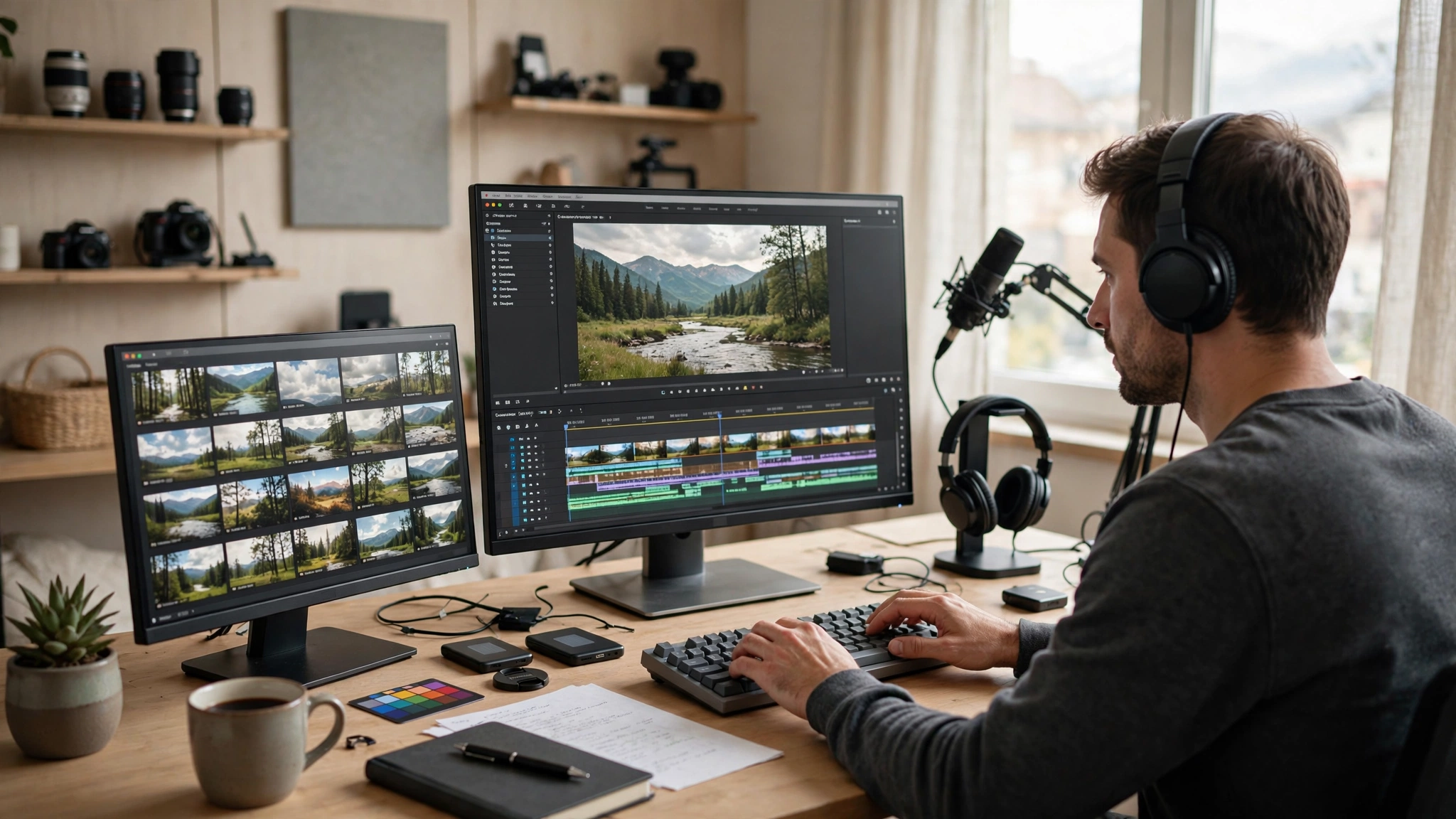 Professional video editing studio with dual monitors showing an editing timeline and color tools
