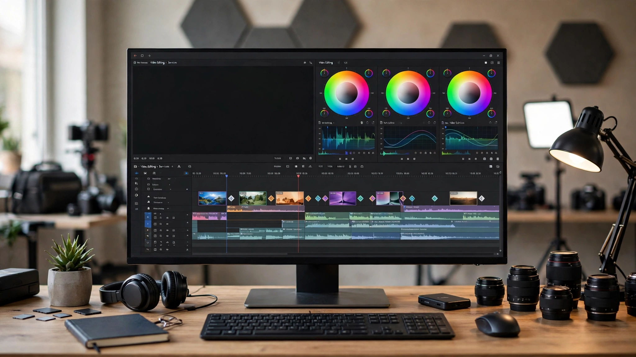 Video editing timeline with clips arranged on a professional editing workspace